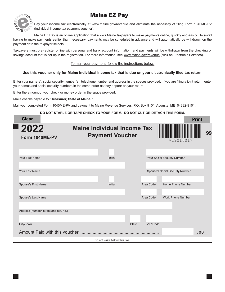 Form 1040ME-PV Maine Individual Income Tax Payment Voucher - Maine, Page 1