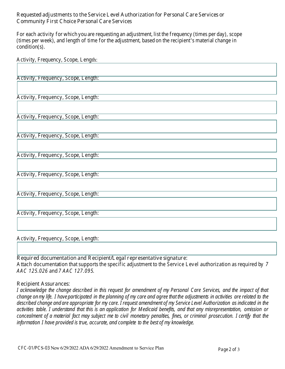 Form CFC-01 / PCS-03 Amendment to Service Plan - Alaska, Page 2
