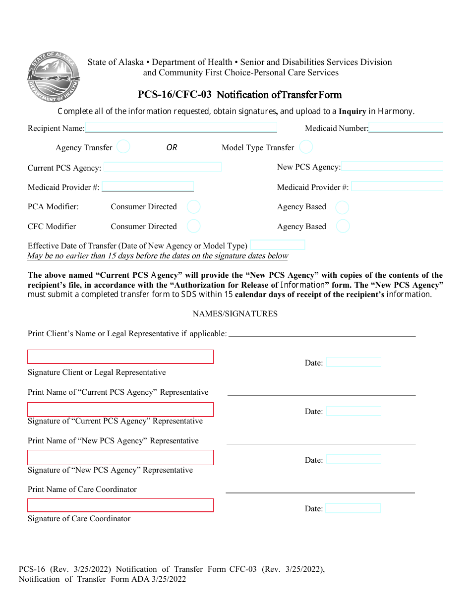 Form PCS-16 / CFC-03 Notification of Transfer Form - Alaska, Page 1