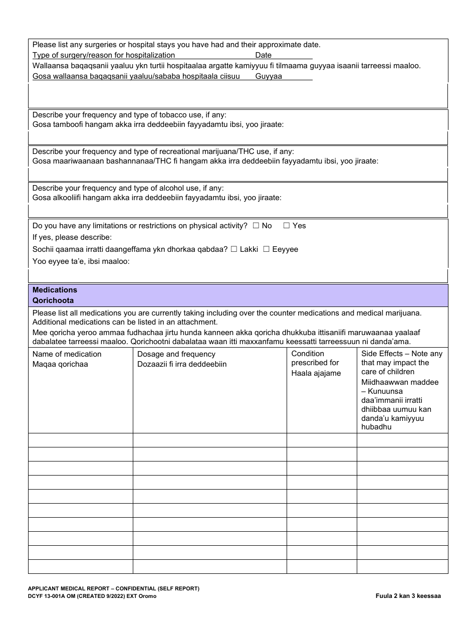 DCYF Form 13-001A Applicant Medical Self Report - Washington (English / Oromo), Page 2