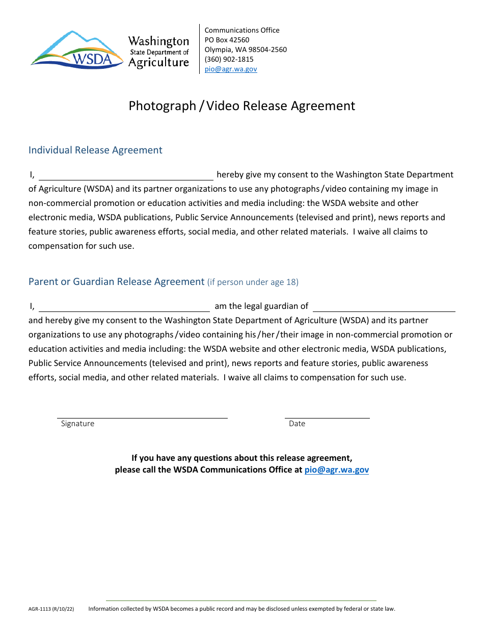 Form AGR-1113 Photograph / Video Release Agreement - Washington, Page 1