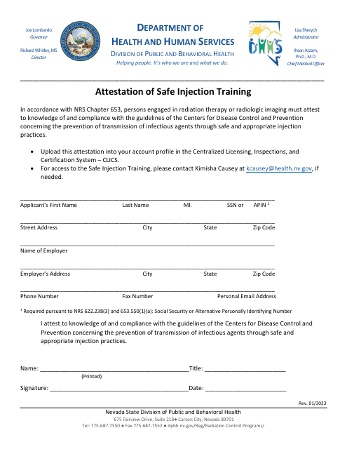 Attestation of Safe Injection Training - Nevada