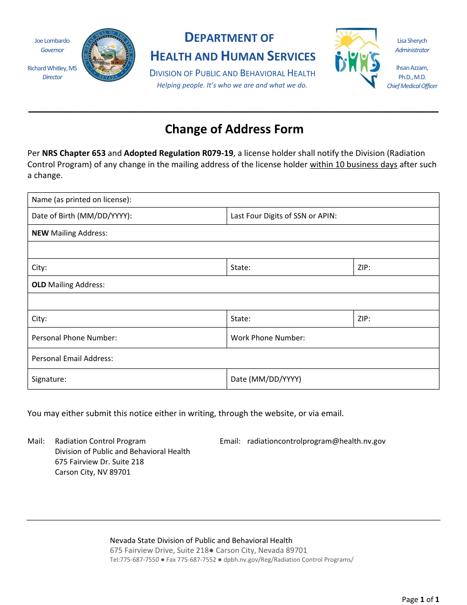 Change of Address Form - Nevada, Page 1