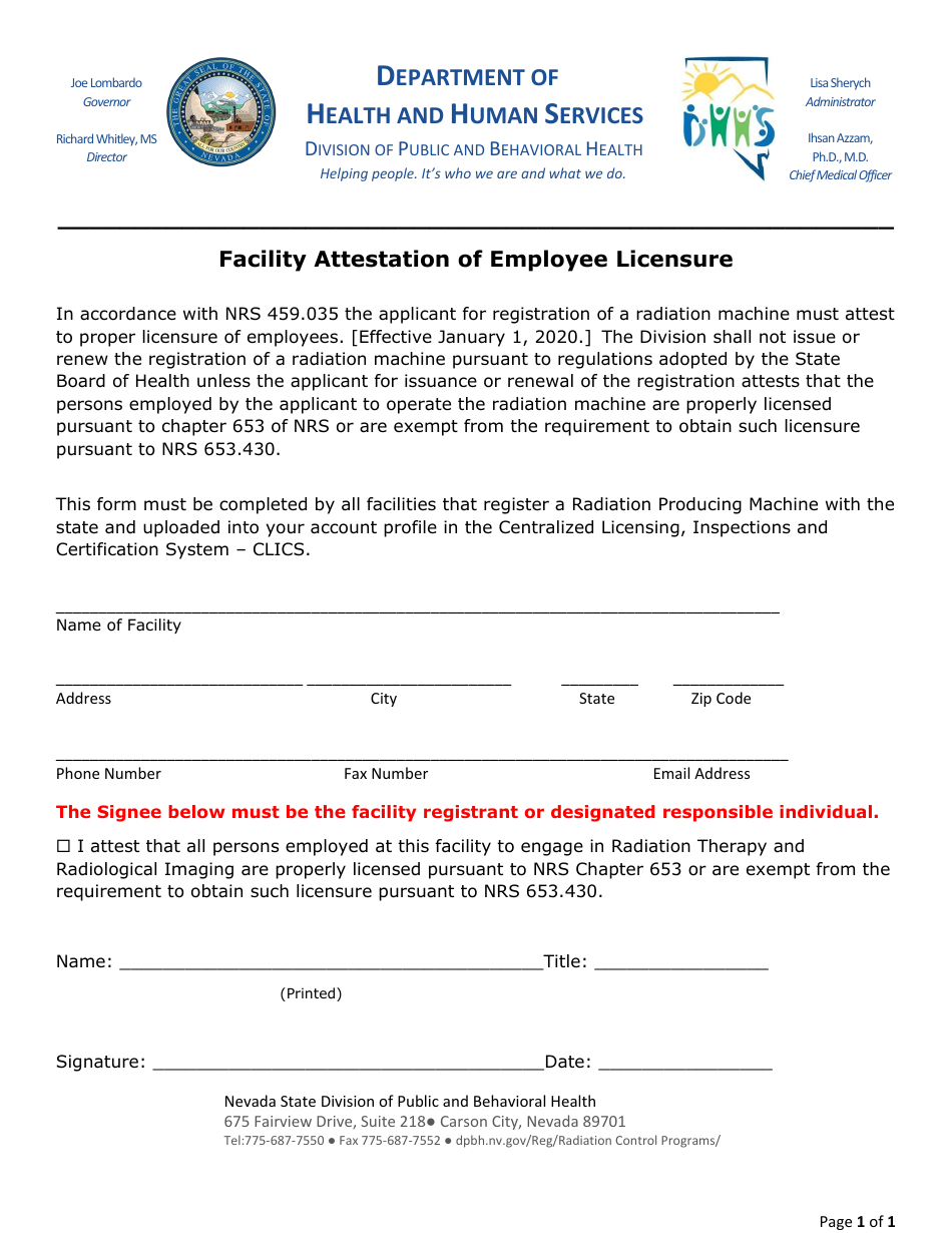 Facility Attestation of Employee Licensure - Nevada, Page 1