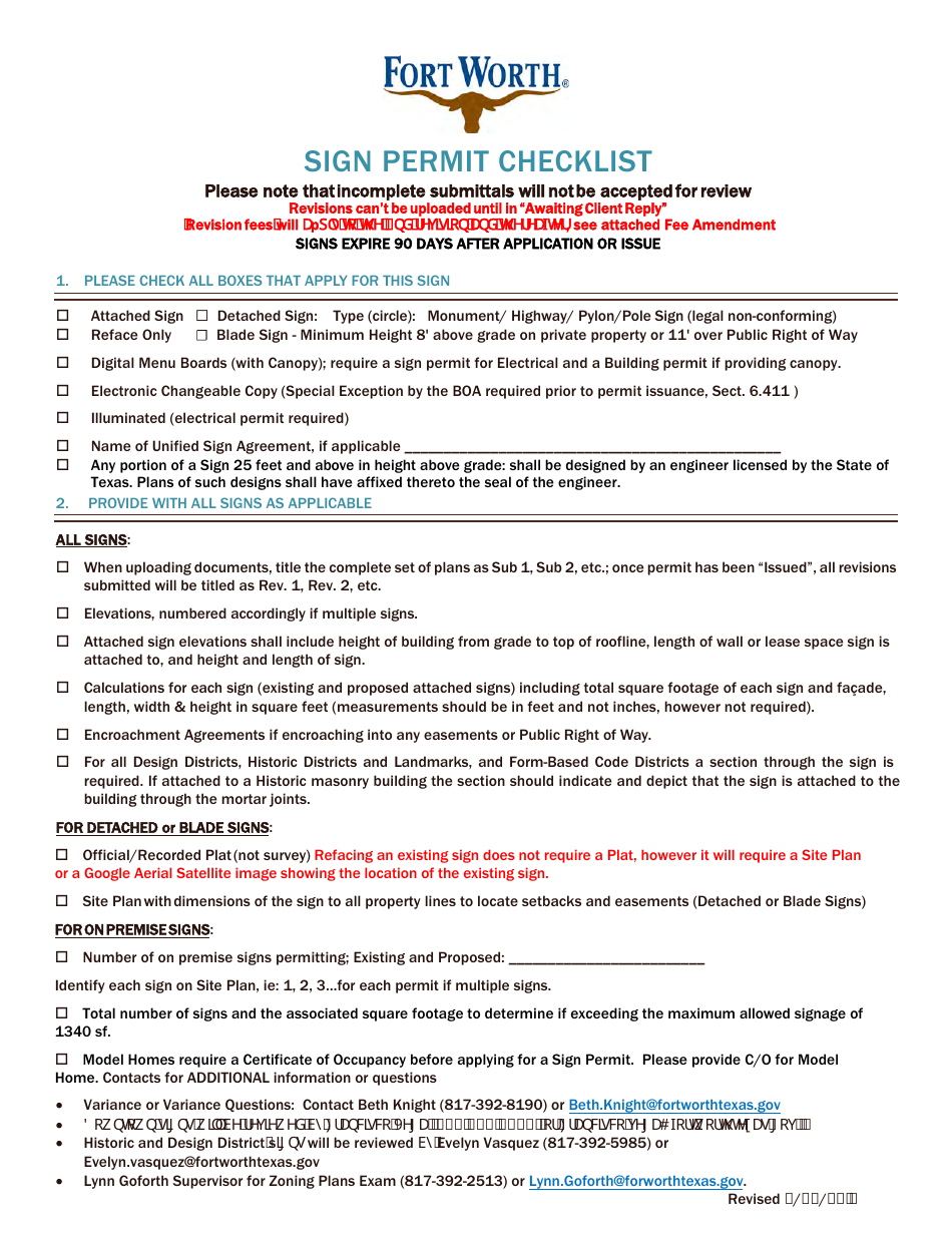 Sign Permit Checklist - City of Fort Worth, Texas, Page 1