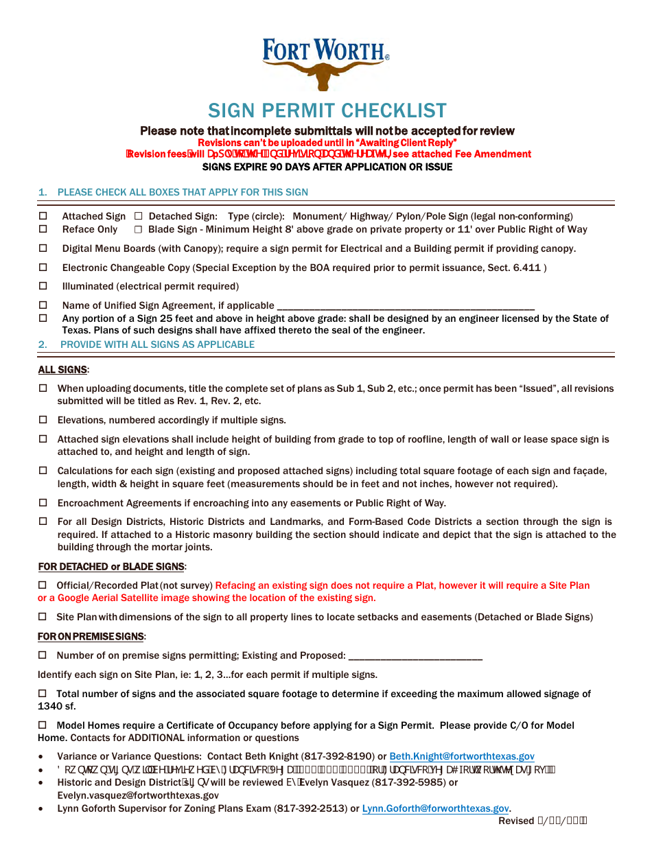 City of Fort Worth, Texas Sign Permit Checklist Download Printable PDF
