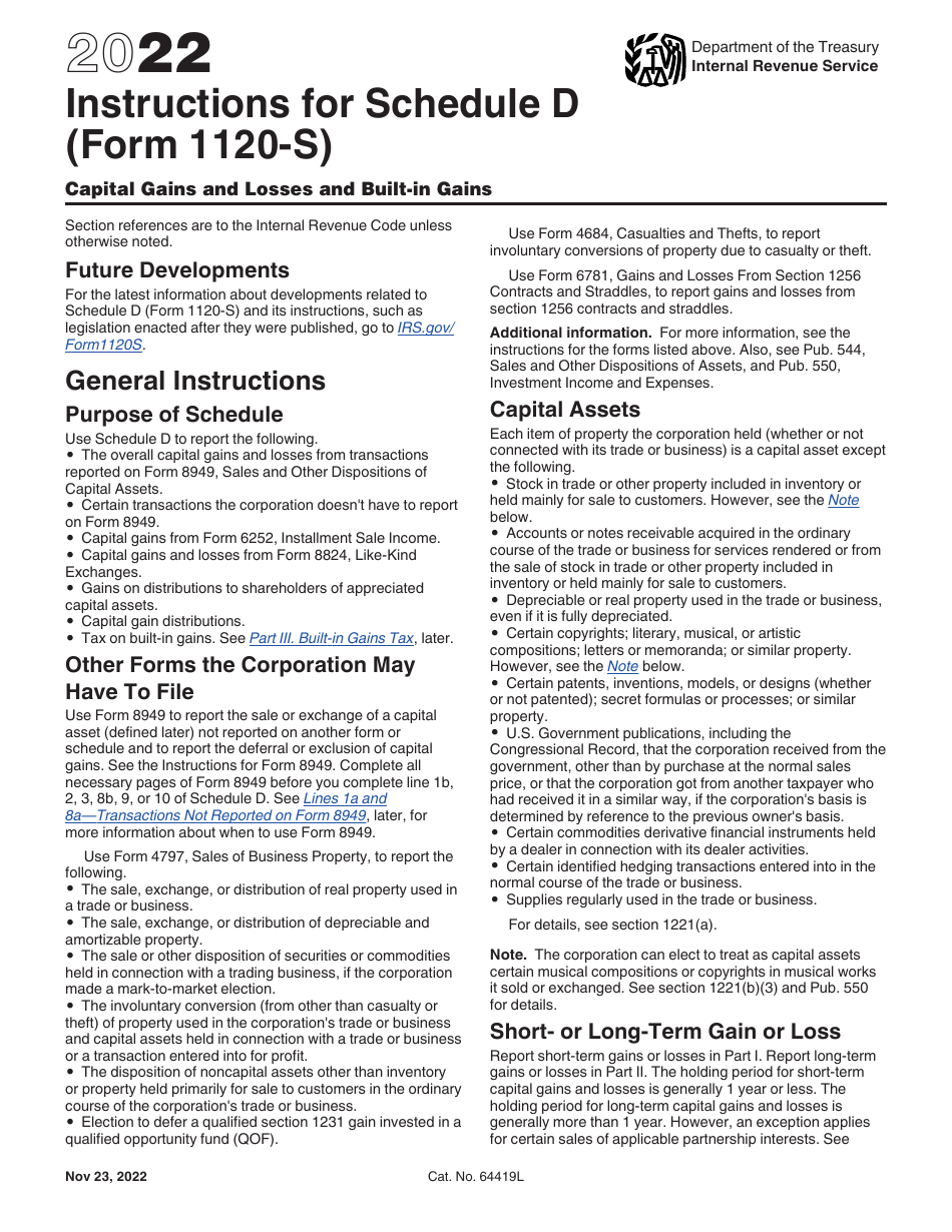 Instructions for IRS Form 1120-S Schedule D Capital Gains and Losses and Built-In Gains, Page 1