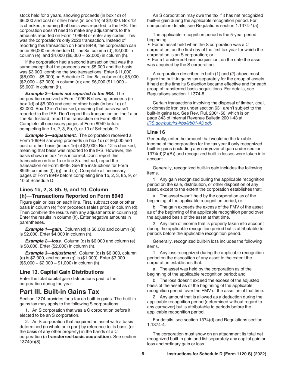 Instructions for IRS Form 1120-S Schedule D Capital Gains and Losses and Built-In Gains, Page 6