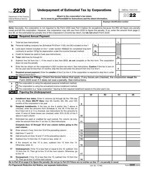 IRS Form 2220 Underpayment of Estimated Tax by Corporations, 2022