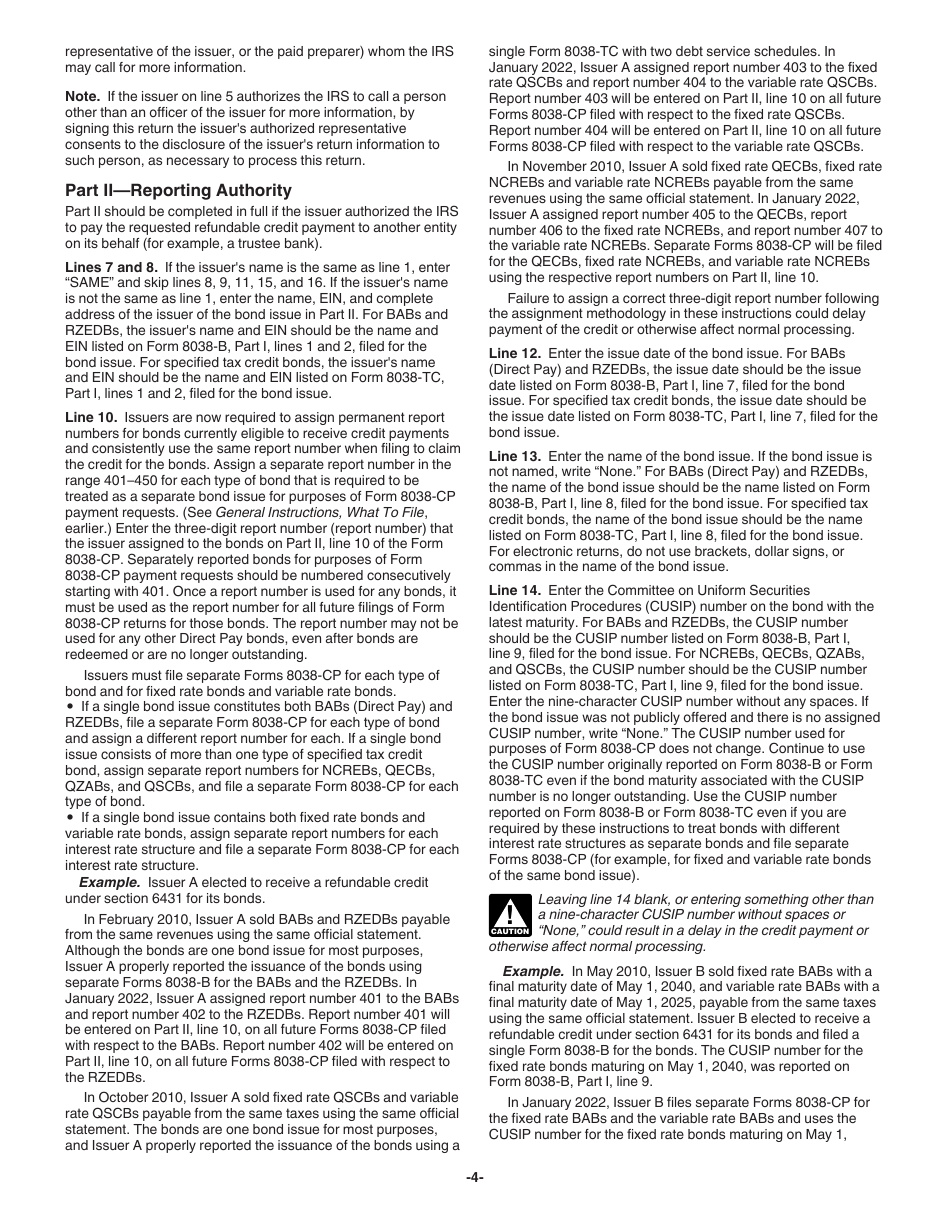 Instructions for IRS Form 8038-CP Schedule A Return for Credit Payments to Issuers of Qualified Bonds, Page 4