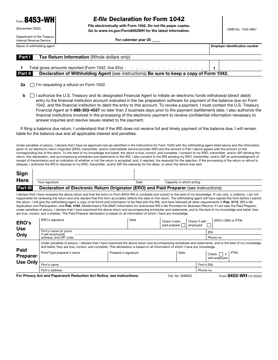 IRS Form 8453-WH E-File Declaration for Form 1042, Page 1
