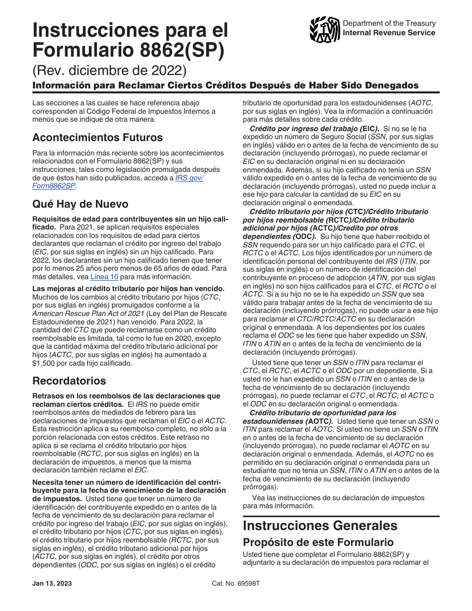 Instrucciones para IRS Formulario 8862(SP) Informacion Para Reclamar Ciertos Creditos Despues De Haber Sido Denegados (Spanish), Page 1