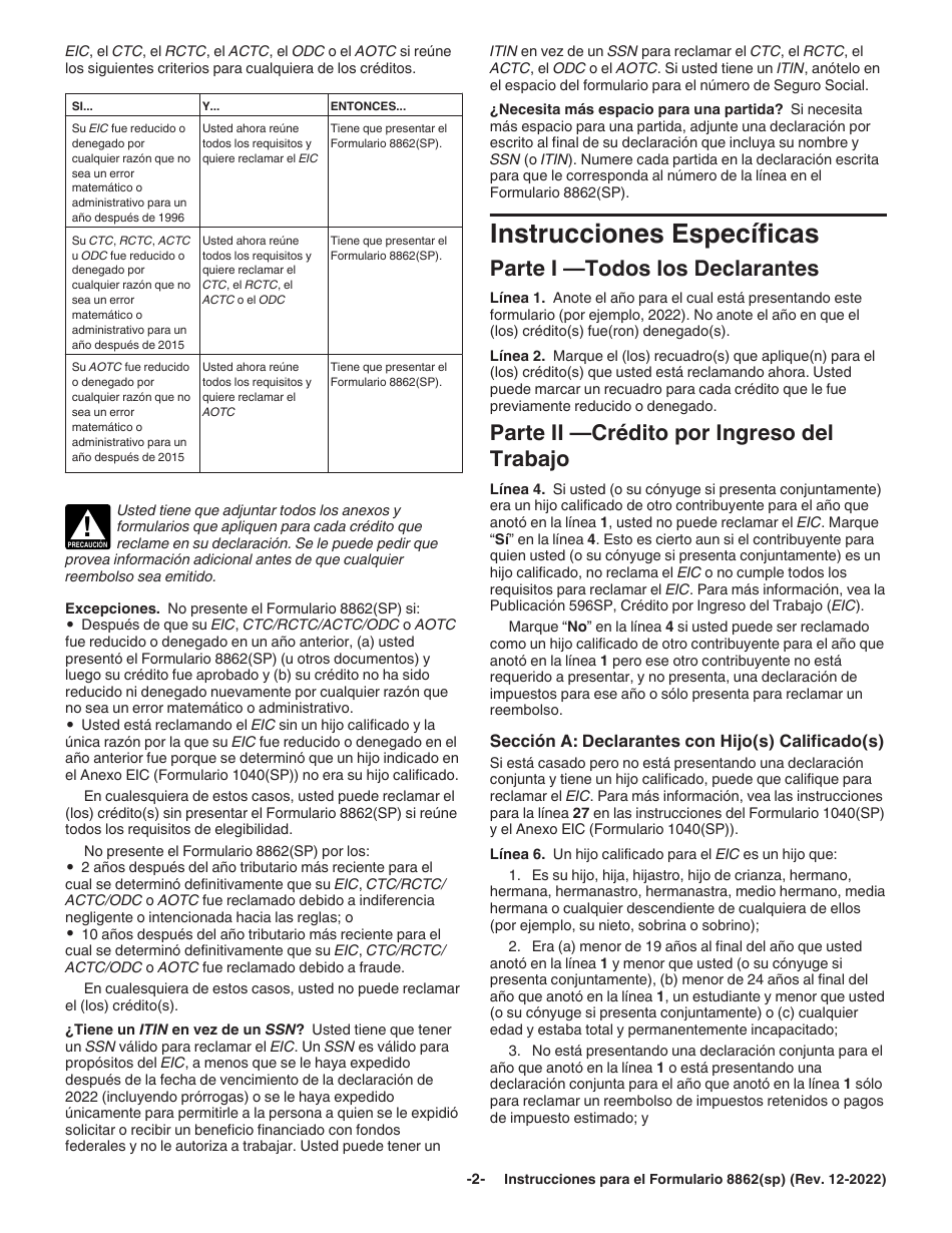 Instrucciones para IRS Formulario 8862(SP) Informacion Para Reclamar Ciertos Creditos Despues De Haber Sido Denegados (Spanish), Page 2