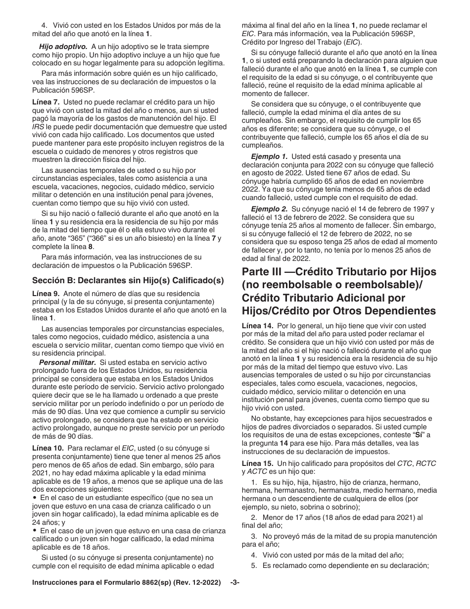 Instrucciones para IRS Formulario 8862(SP) Informacion Para Reclamar Ciertos Creditos Despues De Haber Sido Denegados (Spanish), Page 3