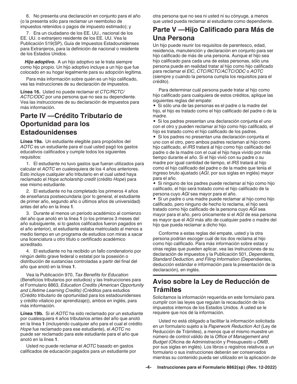 Instrucciones para IRS Formulario 8862(SP) Informacion Para Reclamar Ciertos Creditos Despues De Haber Sido Denegados (Spanish), Page 4
