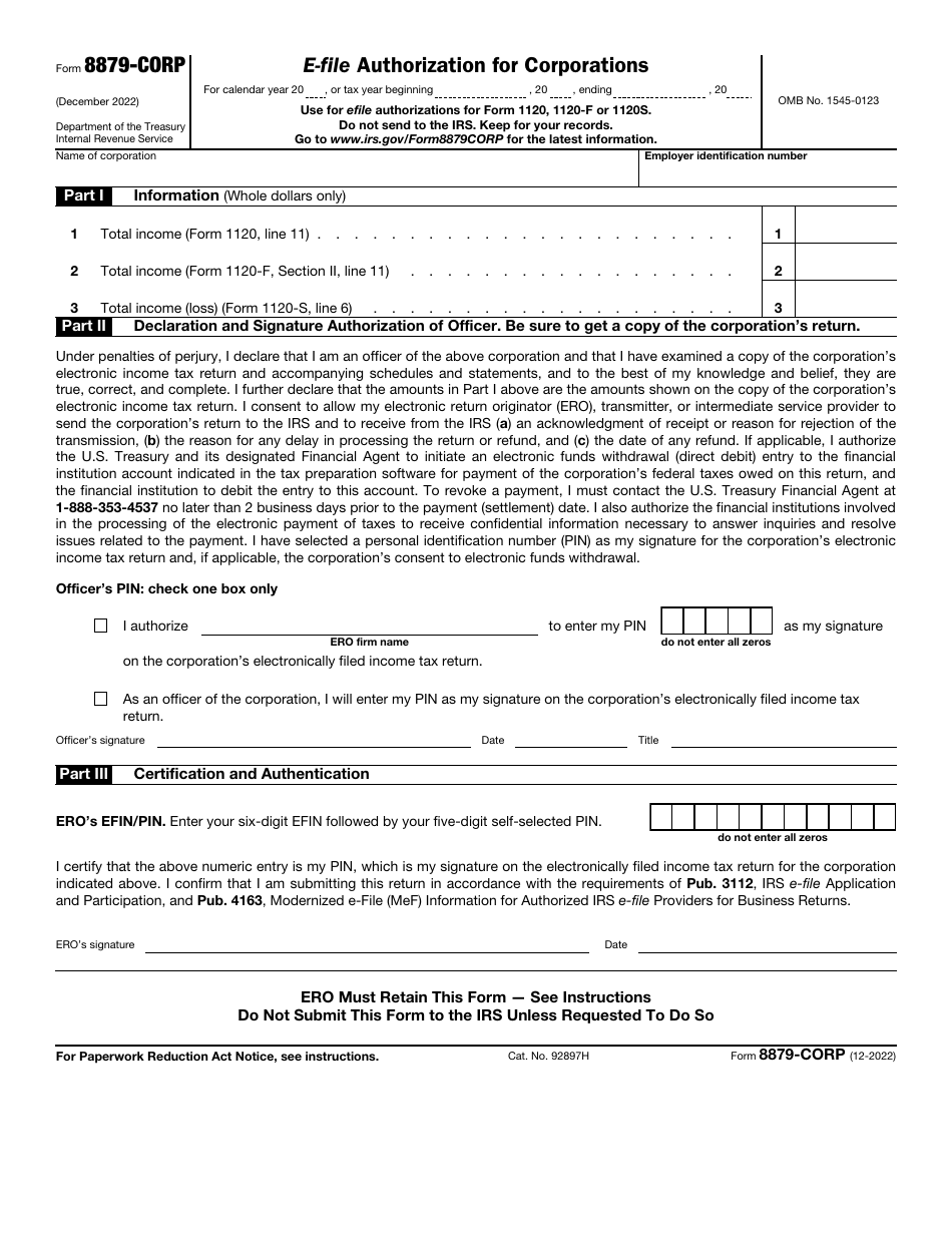 IRS Form 8879-CORP E-File Authorization for Corporations, Page 1