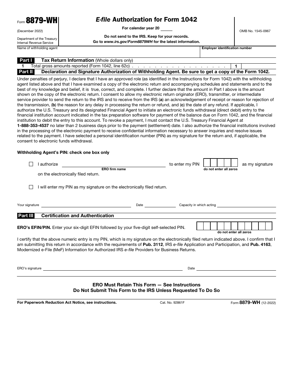 IRS Form 8879-WH E-File Authorization for Form 1042, Page 1
