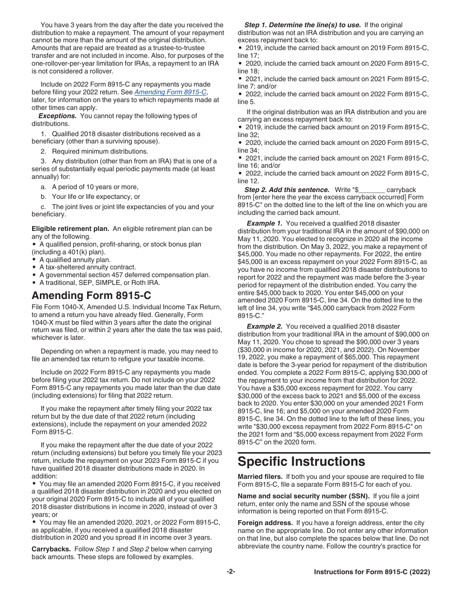 Instructions for IRS Form 8915-C Qualified 2018 Disaster Retirement Plan Distributions and Repayments, Page 2