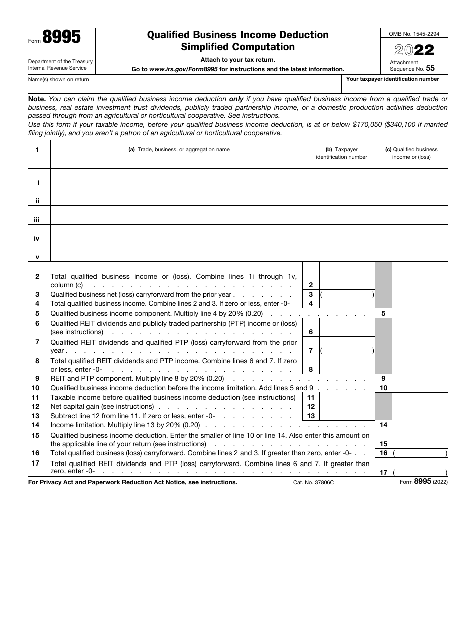 IRS Form 8995 Download Fillable PDF or Fill Online Qualified Business