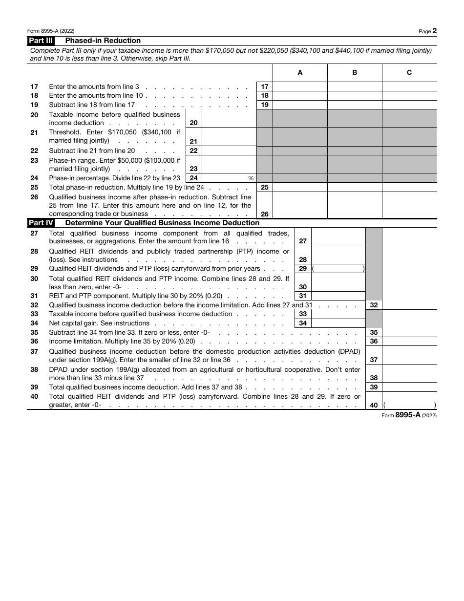 Irs form 8995 a download fillable pdf or fill online qualified business income deduction 2022