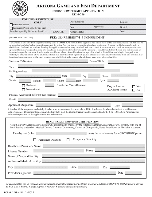 Form 2738-A Crossbow Permit Application - Arizona