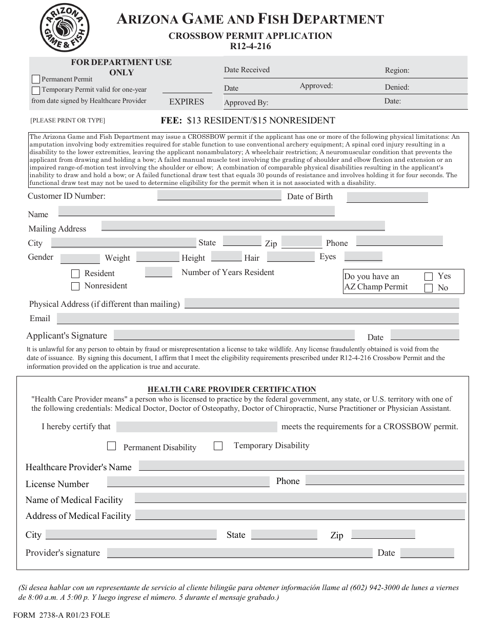 Form 2738A Download Printable PDF or Fill Online Crossbow Permit
