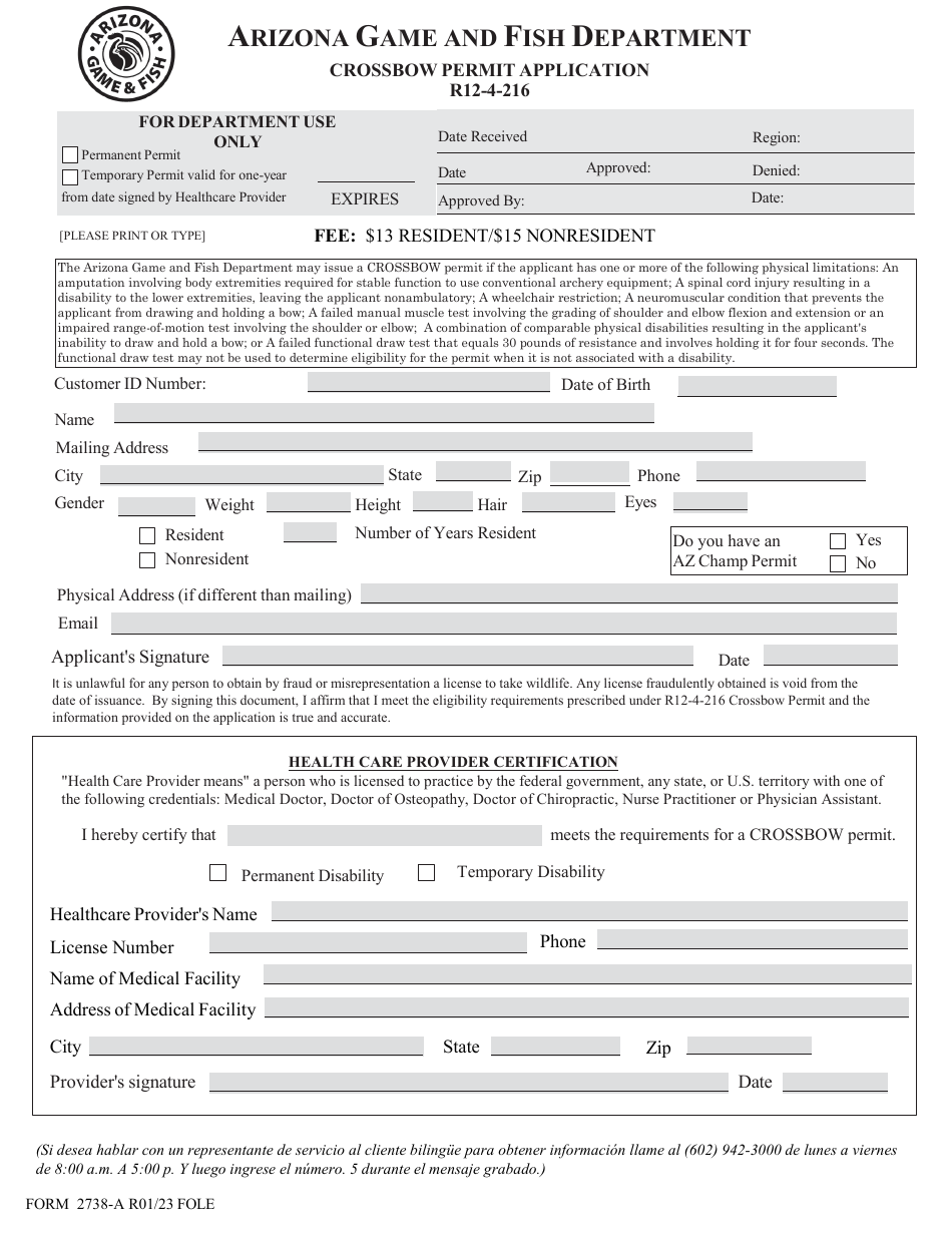 Form 2738-A Crossbow Permit Application - Arizona, Page 1