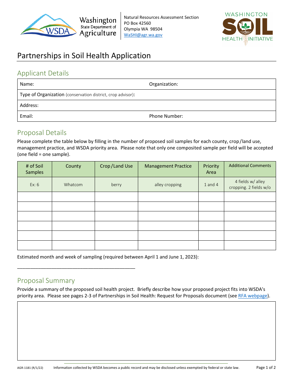 Form AGR-1181 Partnerships in Soil Health Application - Washington, Page 1