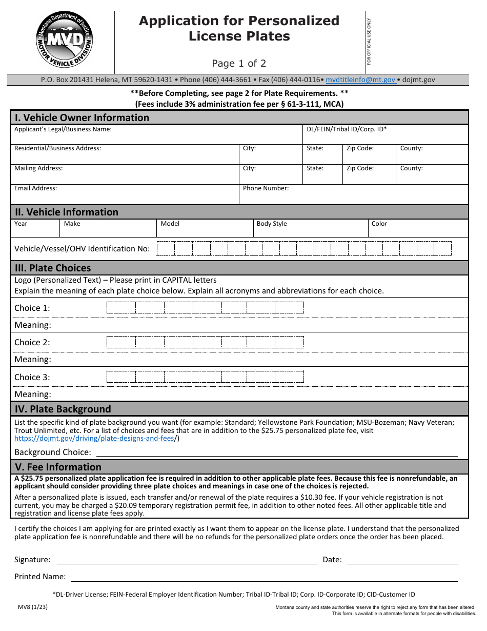 Form MV8 - Fill Out, Sign Online and Download Fillable PDF, Montana ...