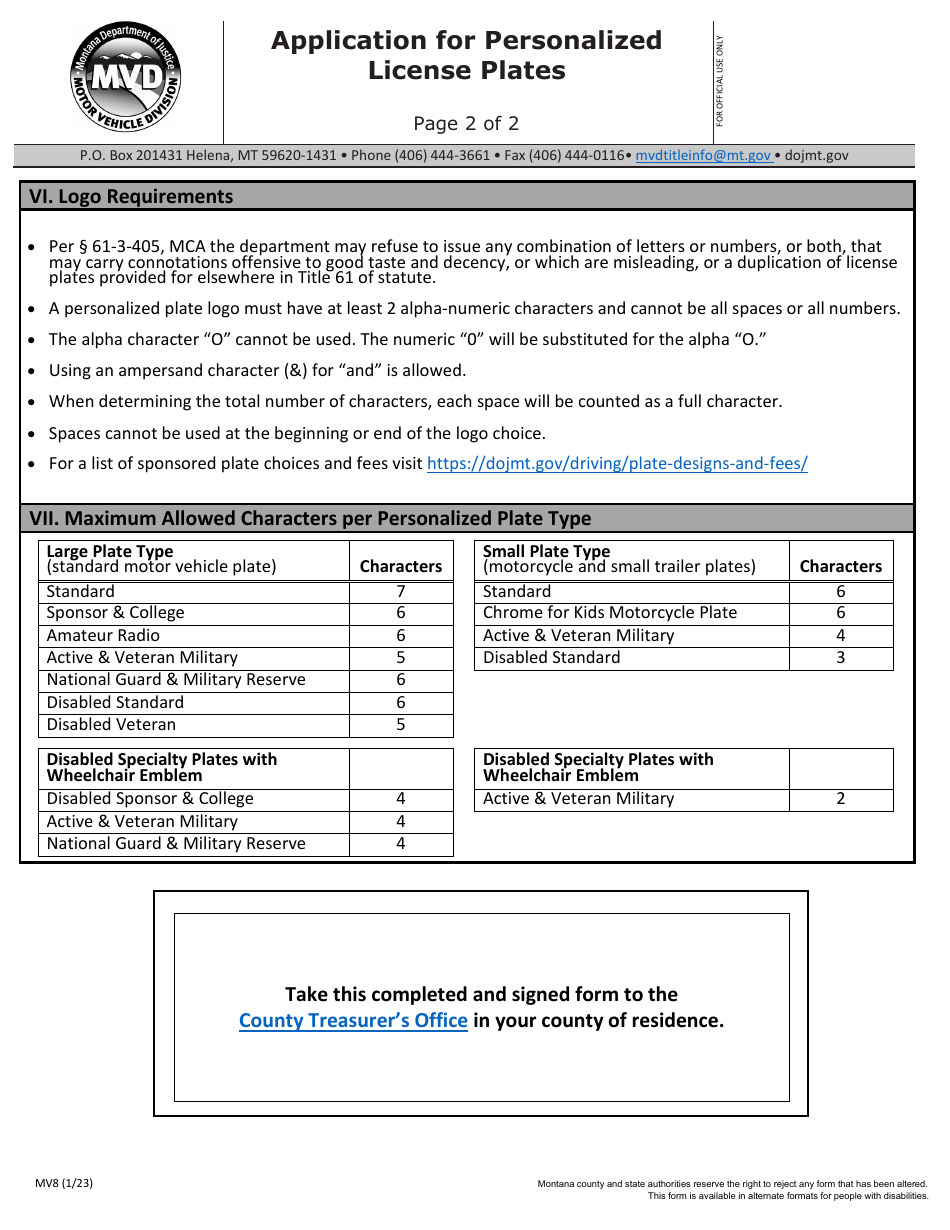 Form MV8 Application for Personalized License Plates - Montana, Page 2