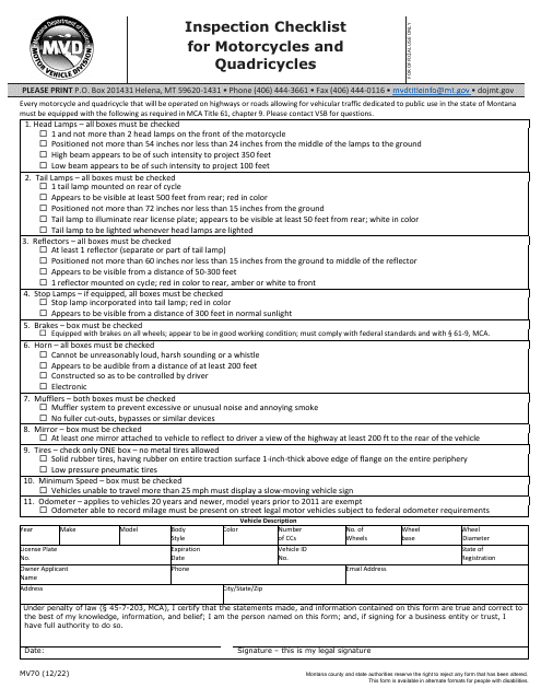 Form MV70 Inspection Checklist for Motorcycles and Quadricycles - Montana