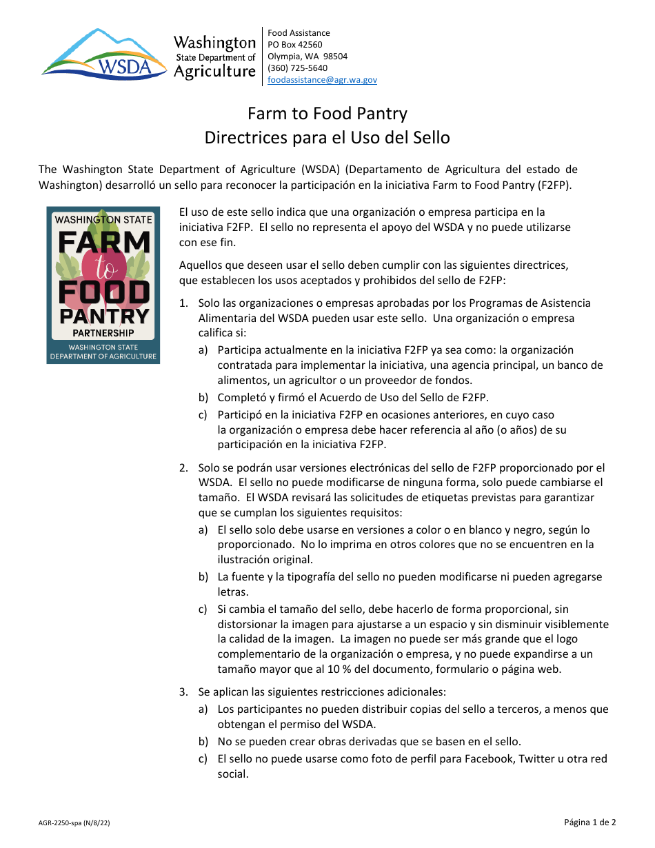 Formulario AGR-2250 Farm to Food Pantry Acuerdo De Uso Del Sello - Washington (Spanish), Page 1