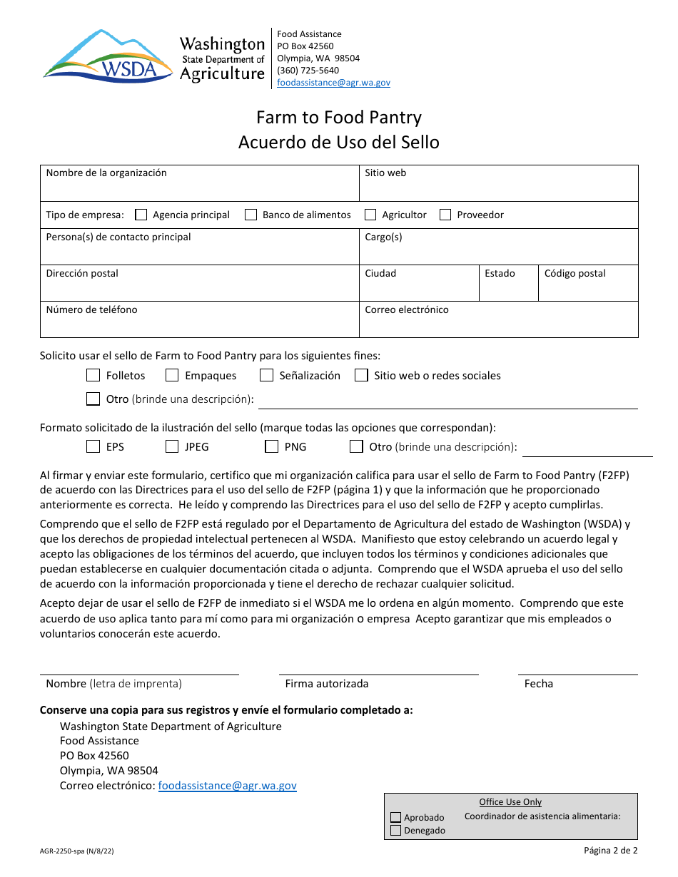 Formulario AGR-2250 Farm to Food Pantry Acuerdo De Uso Del Sello - Washington (Spanish), Page 2