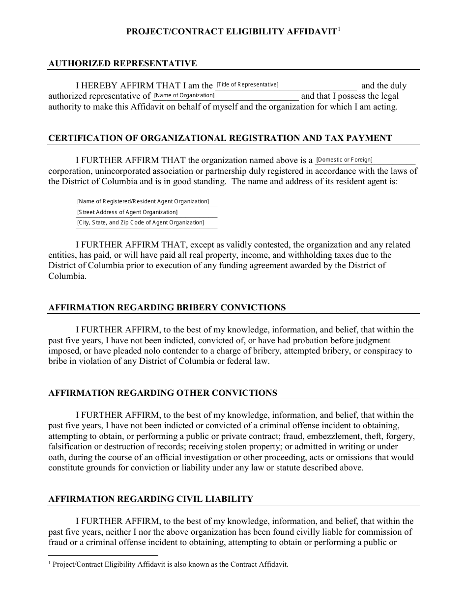 Project / Contract Eligibility Affidavit - Washington, D.C., Page 1