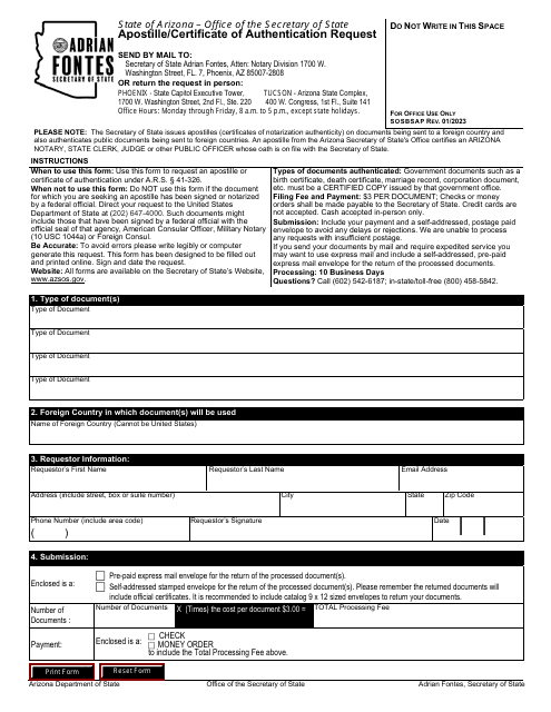 Apostille/Certificate of Authentication Request - Arizona