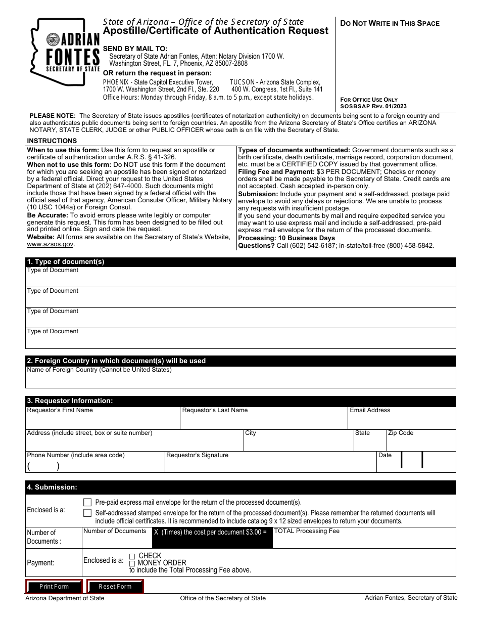 Apostille / Certificate of Authentication Request - Arizona, Page 1