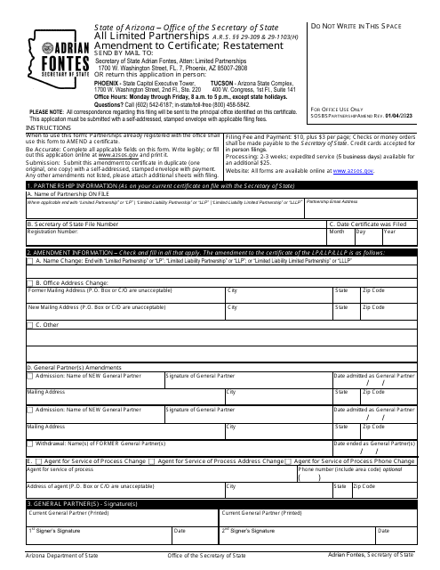 Amendment to Certificate; Restatement - All Limited Partnerships - Arizona Download Pdf
