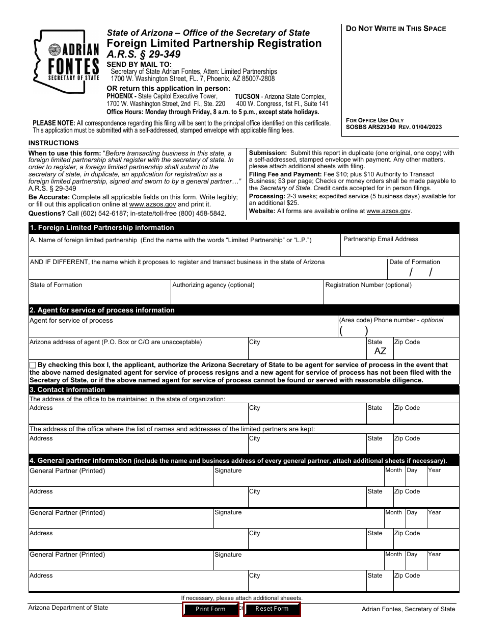 Foreign Limited Partnership Registration - Arizona, Page 1