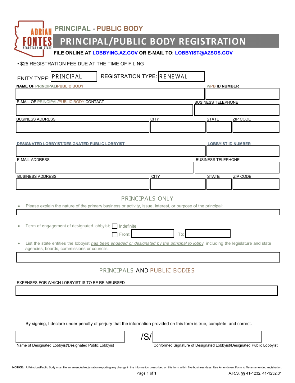 Principal / Public Body Registration - Arizona, Page 1