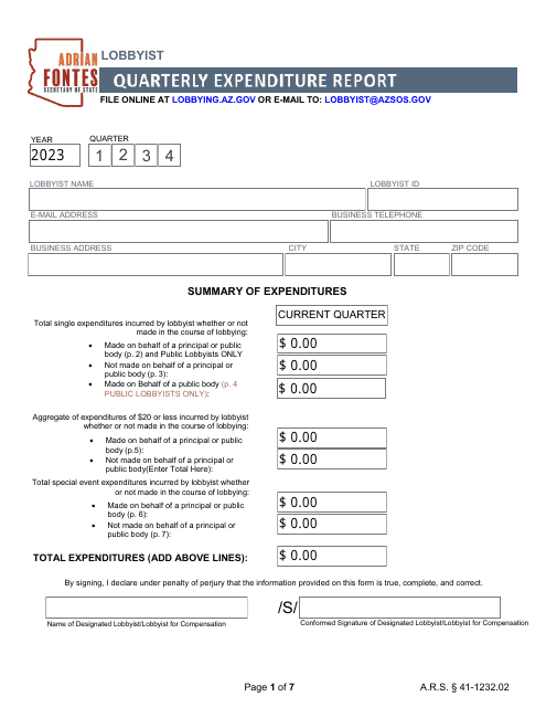 Quarterly Expenditure Report - Lobbyist - Arizona, 2023