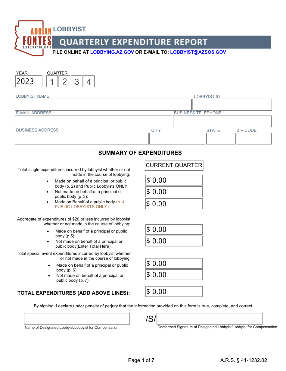 2023 Arizona Quarterly Expenditure Report Lobbyist Fill Out, Sign