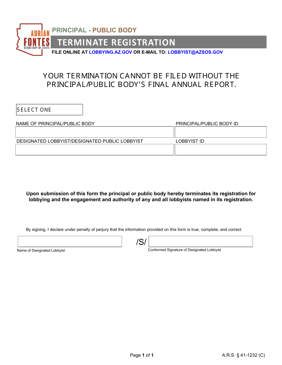 Terminate Registration - Principal / Public Body - Arizona, Page 1