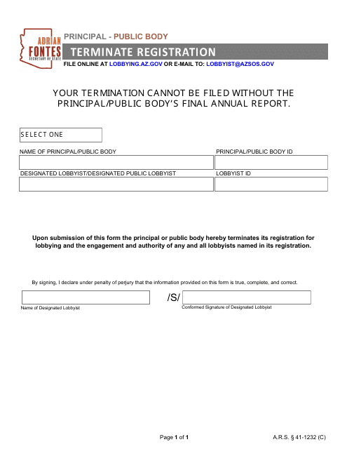 Terminate Registration - Principal / Public Body - Arizona Download Pdf