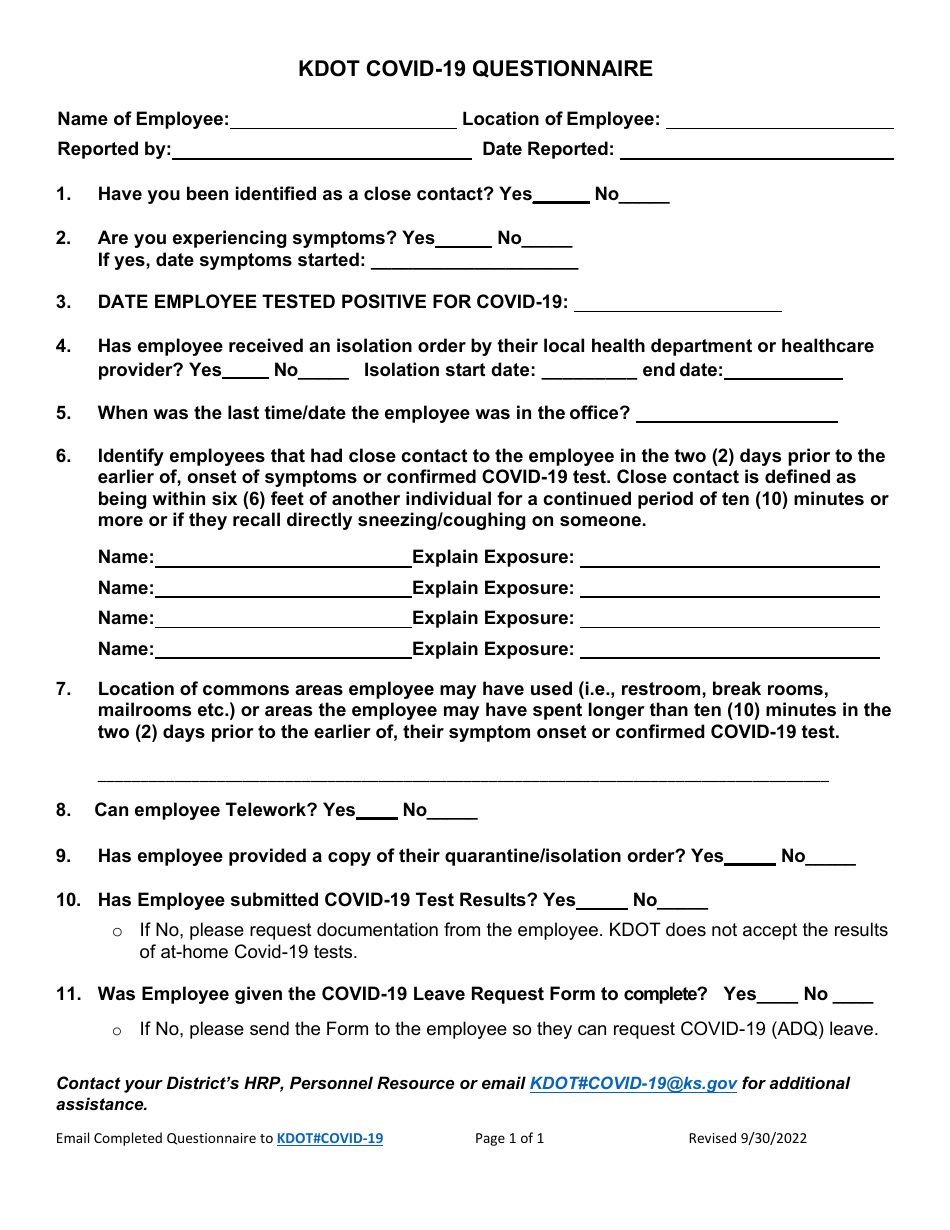 Kansas Kdot Covid-19 Questionnaire - Fill Out, Sign Online And Download 