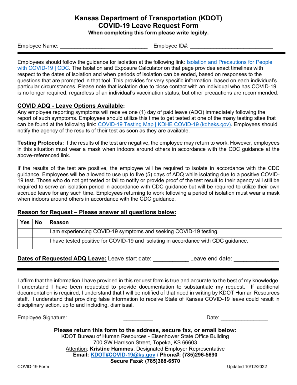 Covid-19 Leave Request Form - Kansas, Page 1