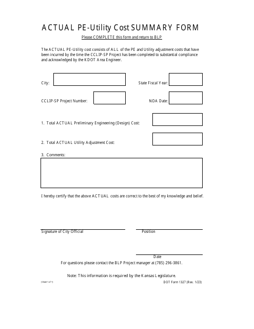 DOT Form 1327 Actual Pe-Utility Cost Summary Form - Kansas