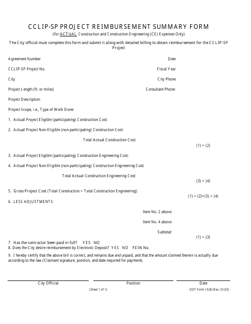 DOT Form 1328 Cclip-Sp Project Reimbursement Summary Form - Kansas