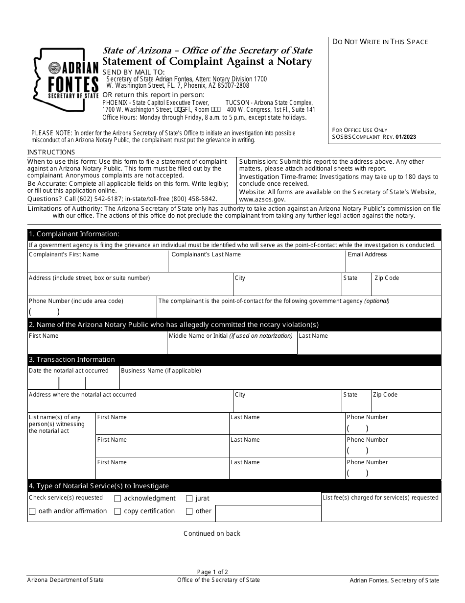 Statement of Complaint Against a Notary - Arizona, Page 1