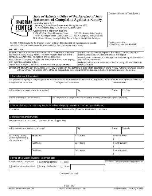 Statement of Complaint Against a Notary - Arizona Download Pdf