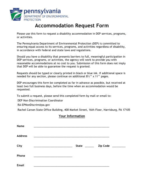 Accommodation Request Form - Pennsylvania Download Pdf